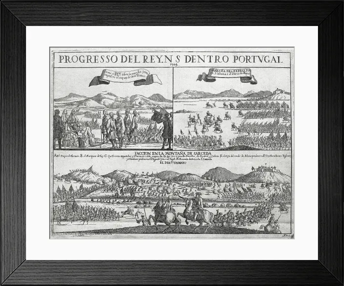 Framed Print : Spain (1704). War of the Spanish Succession. The Philip V troops supervised by the Duke of Berwick defeat to the troops of Archduke Carlos in Portugal. Etching. SPAIN. Madrid