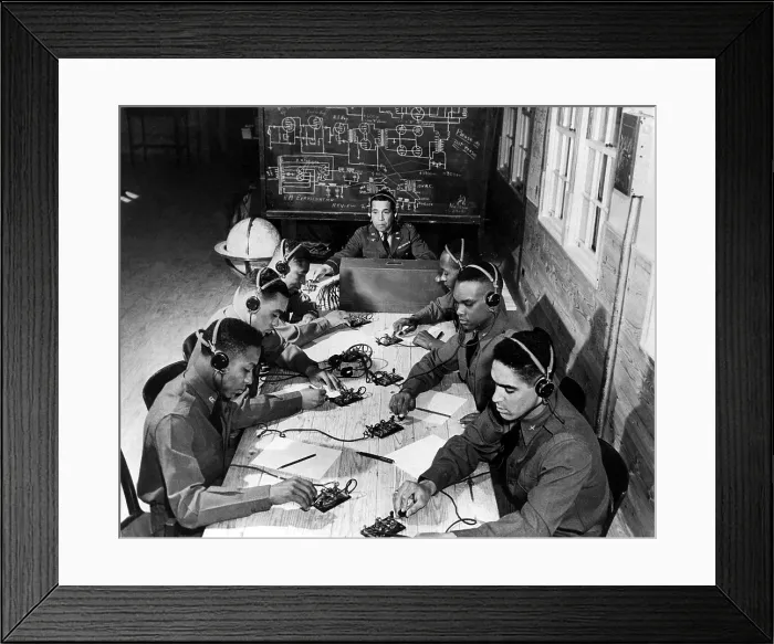 Framed Print : Tuskegee, Alabama: 99th Pursuit Squadron, Tuskegee Airmen in training. From Left: James B. Knighten, Lee Rayford, C.H. Flowers, George Levi Knox, Sherman W. White, Jr. Mac Ross Framed Print : Tuskegee, Alabama: 99th Pursuit Squadron, Tuskegee Airmen in training. From Left: James B. Knighten, Lee Rayford, C.H. Flowers, George Levi Knox, Sherman W. White, Jr. Mac Ross
