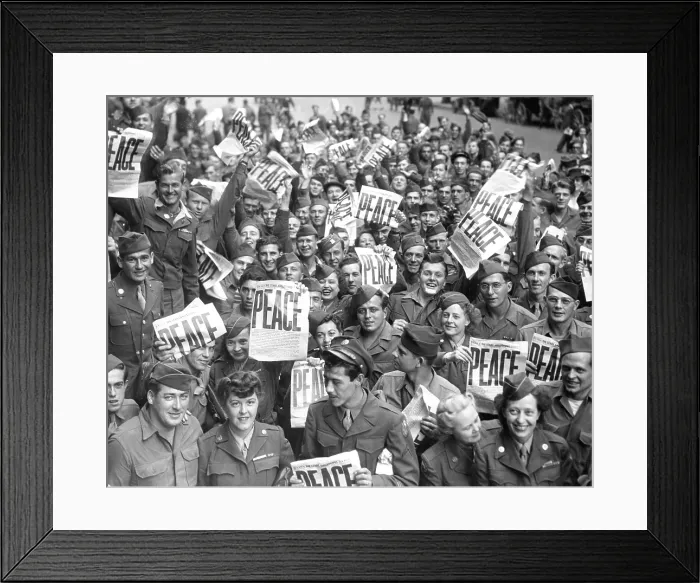 Framed Print : Service men and women send up cheers at news of Japanese capitulation, 9 / 2 / 45.. Courtesy: CSU Archives / Everett Collection Framed Print : Service men and women send up cheers at news of Japanese capitulation, 9 / 2 / 45.. Courtesy: CSU Archives / Everett Collection
