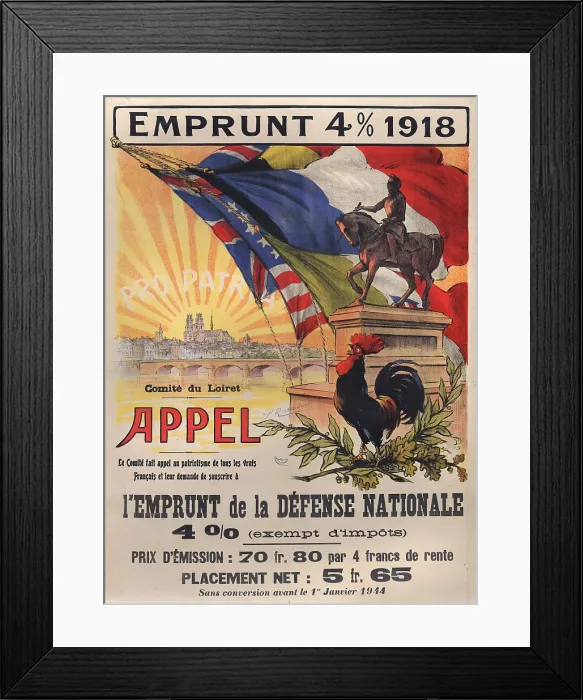 Framed Print : World War I, poster features a statue of a mounted Joan d'Arc, a Gallic cock in the foreground