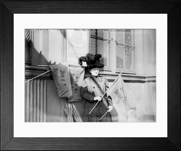 Framed Print : Nellie van Slingerland, holding banner of Joan of Arc Suffrage League, circa 1900 Framed Print : Nellie van Slingerland, holding banner of Joan of Arc Suffrage League, circa 1900