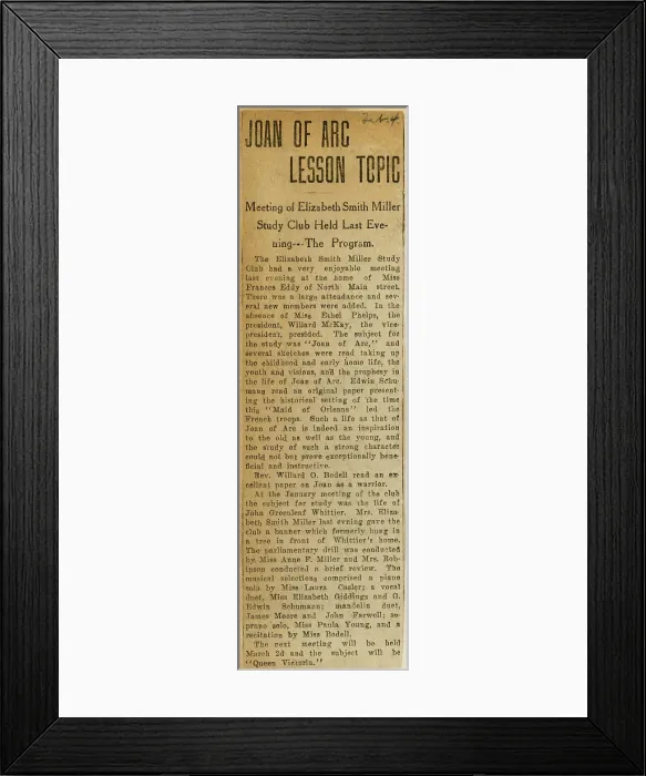 Framed Print : Newsclipping about Joan of Arc, Joan of Arc Lesson Topic, Elizabeth Smith Miller Study Club, from the Miller NAWSA Suffrage Scrapbooks, Scrapbook 6, page 44, 1897-1911