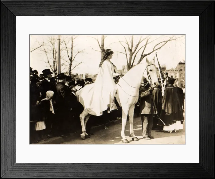 Framed Print : Inez Milholland Boissevain, lawyer, riding astride in the suffrage parade in Washington, D.C. as the first of four mounted heralds, Washington, D.C. March 3, 1913 Framed Print : Inez Milholland Boissevain, lawyer, riding astride in the suffrage parade in Washington, D.C. as the first of four mounted heralds, Washington, D.C. March 3, 1913