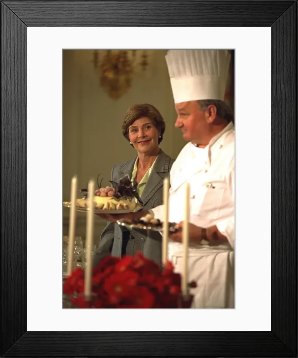 Framed Print : First Lady Laura Bush and White House Pastry Chef Roland Mesnier Participate in the Press Preview for the State Dinner for President and Mrs