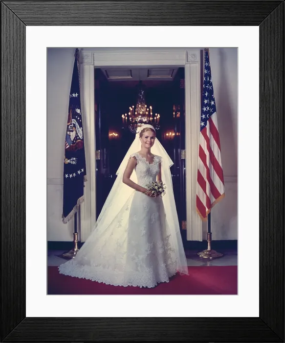 Framed Print : Tricia Nixon (b. 1946) in her wedding gown. The oldest daughter of President Richard Nixon married Edward Cox in the White House Rose Garden on June 12, 1971