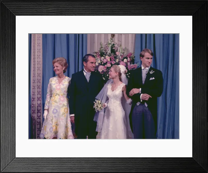 Framed Print : Pat Nixon, President Nixon, Tricia and Ed Cox at the White House wedding of June 12, 1971. The Bride and her Mrs