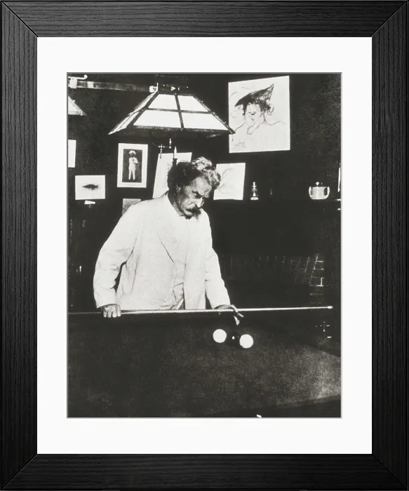Framed Print : TWAIN, Samuel Langhorne Clemens, also called Mark (1835-1910). Portrait of the writer Mark Twain playing pool. AISA / Everett Collection**US SALES ONLY**