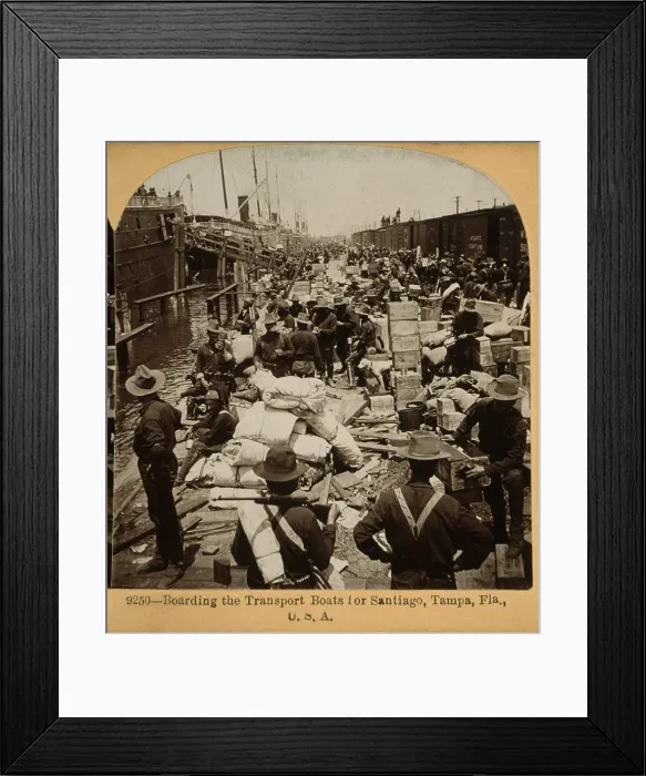 Framed Print : The Spanish American War. Boarding the transport boats for bound for Santiago, Cuba. Tampa, Florida, stereocard, 1898