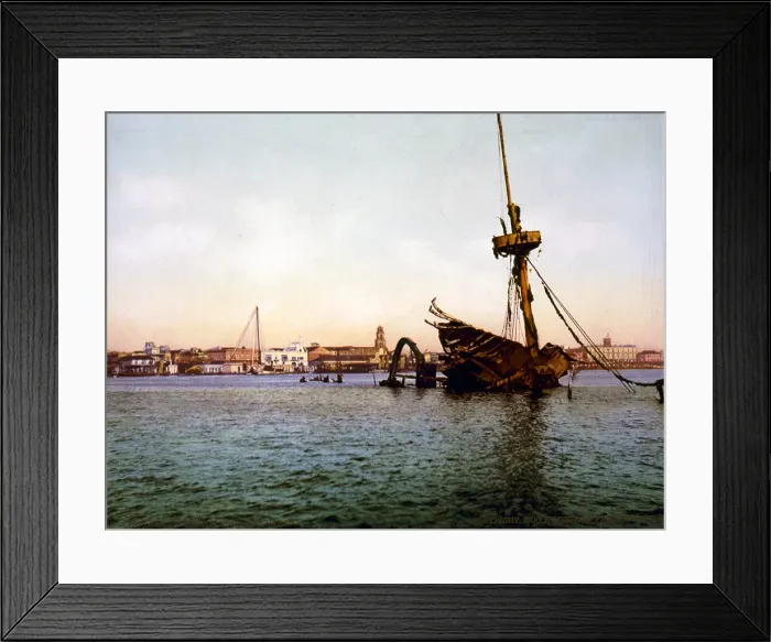 Framed Print : The Spanish American War. Wreck of the U.S.S. Maine in Havana Harbor, Cuba. William Henry Jackson, photographer. color photochrom, c. 1900 Framed Print : The Spanish American War. Wreck of the U.S.S. Maine in Havana Harbor, Cuba. William Henry Jackson, photographer. color photochrom, c. 1900