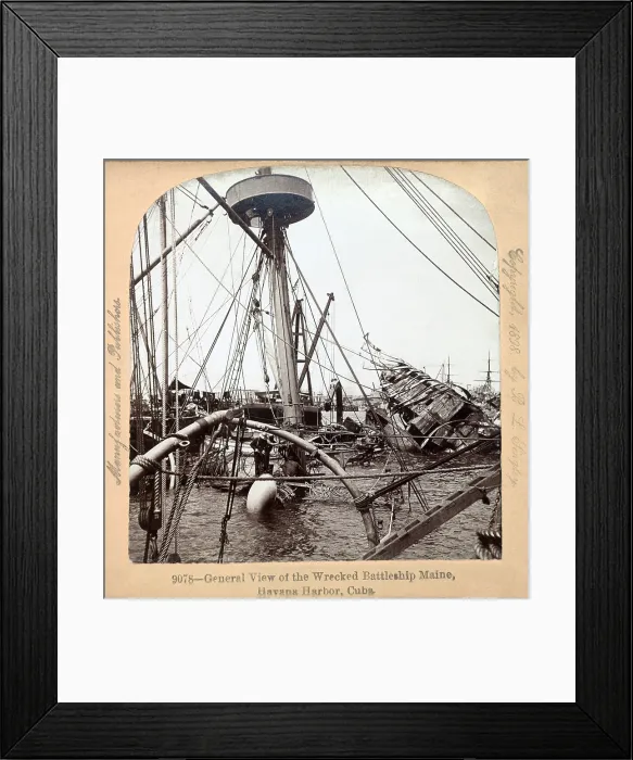 Framed Print : The Spanish American War. Wreck of the U.S.S. Maine in Havana Harbor, Cuba. Stereocard, 1898