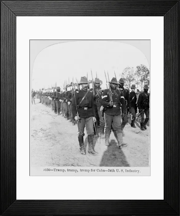 Framed Print : Buffalo soldiers of the 24th U.S. Infantry -- Tramp, tramp, tramp for Cuba! stereocard ca. 1898