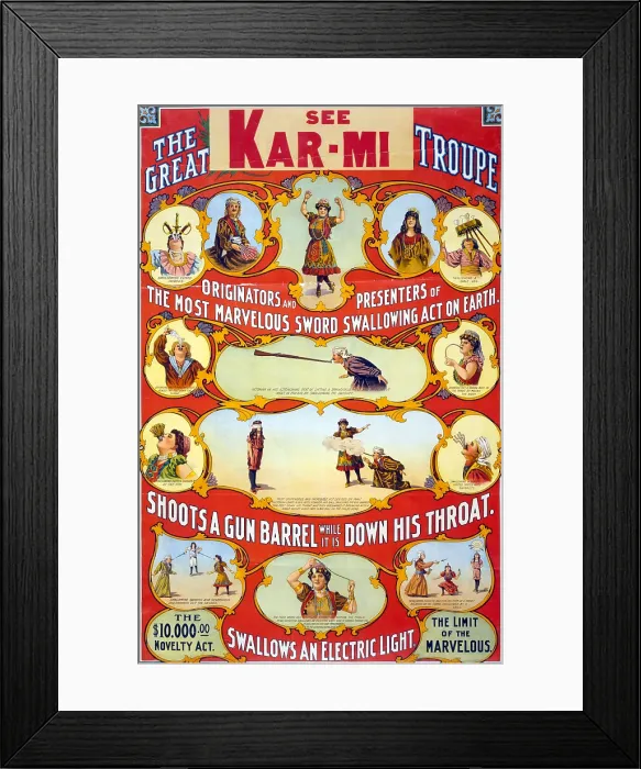 Framed Print : Poster for stage and magic show, The Great Kar-Mi Troupe originators and presenters of the most marvelous sword swallowing act on earth. circa early 1900s