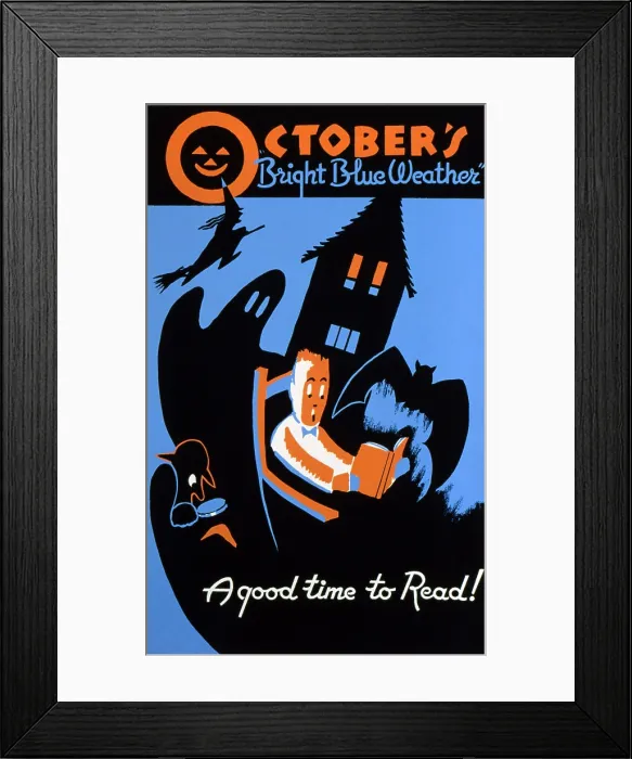 Framed Print : Halloween, poster to encourage reading, text reads: October's bright blue weather, A good time to read!, circa 1950s Framed Print : Halloween, poster to encourage reading, text reads: October's bright blue weather, A good time to read!, circa 1950s
