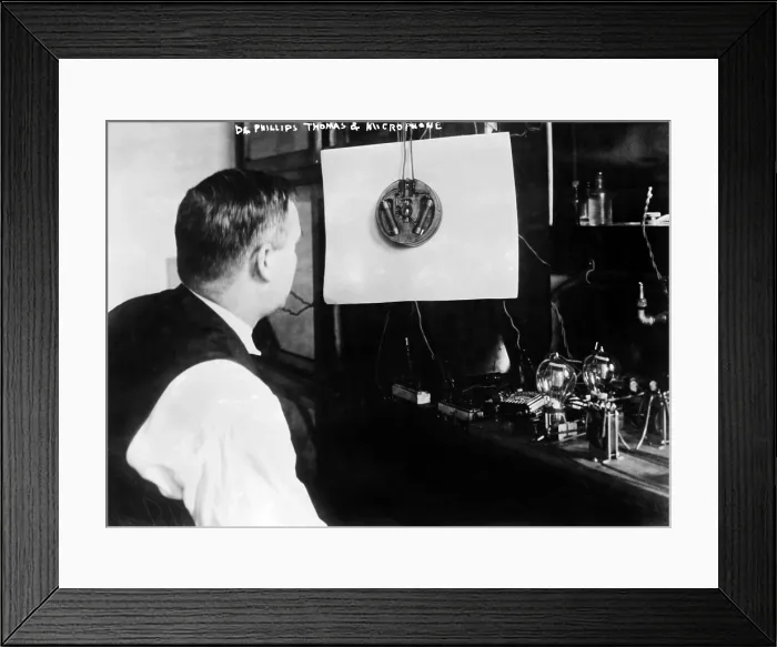 Framed Print : Dr. Phillips Thomas, and early microphone, circa 1890s Framed Print : Dr. Phillips Thomas, and early microphone, circa 1890s