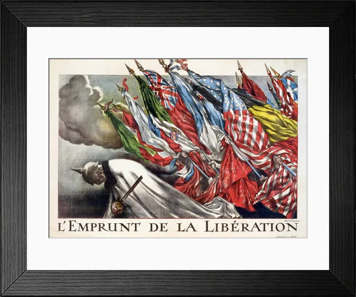 Framed Print : WORLD WAR I, The Liberation Loan, original title: L'Emprunt De La Liberation, The Allied flags bearing down on Kaiser Wilhelm II, print by Abel Faivre, circa 1918 Framed Print : WORLD WAR I, The Liberation Loan, original title: L'Emprunt De La Liberation, The Allied flags bearing down on Kaiser Wilhelm II, print by Abel Faivre, circa 1918