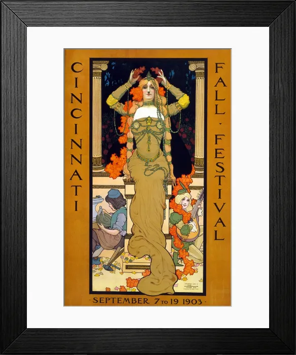 Framed Print : Poster for the Cincinnati Fall Festival, showing a woman seated on a pedestal placing a wreath on her head and wearing art nouveau jewelry, by Stanley Thomas Clough Framed Print : Poster for the Cincinnati Fall Festival, showing a woman seated on a pedestal placing a wreath on her head and wearing art nouveau jewelry, by Stanley Thomas Clough