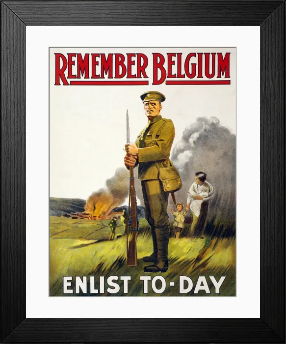 Framed Print : WORLD WAR I, recruitment poster poster showing a soldier standing defiant as a woman and child flee a burning village: Remember Belgium Enlist Today Framed Print : WORLD WAR I, recruitment poster poster showing a soldier standing defiant as a woman and child flee a burning village: Remember Belgium Enlist Today