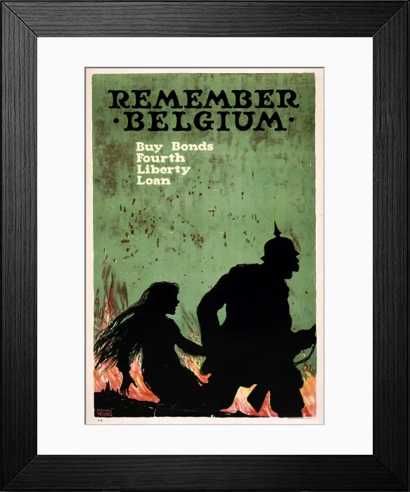 Framed Print : WORLD WAR I, poster showing German soldier, wearing pointed helment, leading girl by hand, with city burning in background: Remember Belgium Buy bonds Framed Print : WORLD WAR I, poster showing German soldier, wearing pointed helment, leading girl by hand, with city burning in background: Remember Belgium Buy bonds