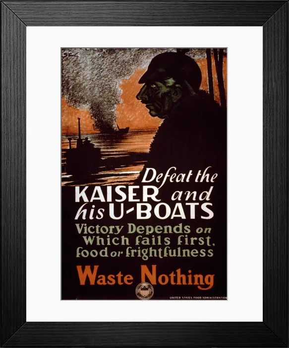 Framed Print : WORLD WAR I, poster showing a dark figure and a U-boat Framed Print : WORLD WAR I, poster showing a dark figure and a U-boat