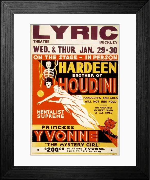 Framed Print : Poster for Hardeen Houdini, brother of Harry Houdini, text reads: On the stage - in person, Hardeen, brother of Houdini handcuffs and jails will not hold him