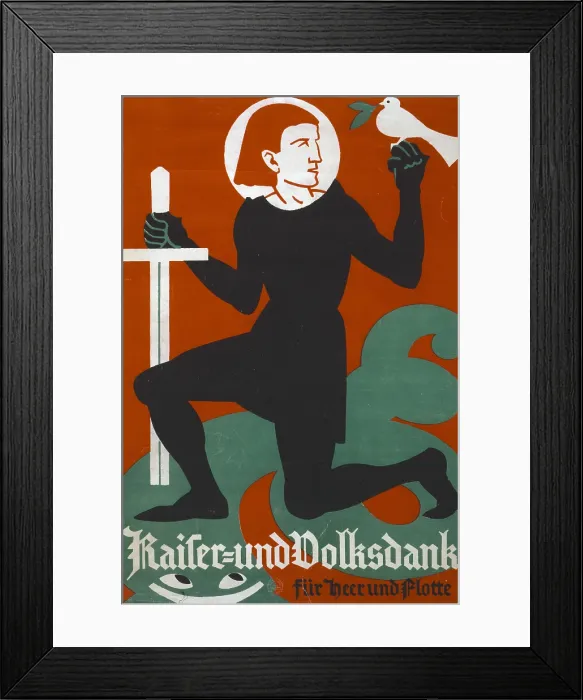 Framed Print : WORLD WAR I, Poster shows a kneeling knight with a sword in one hand and a dove of peace in the other