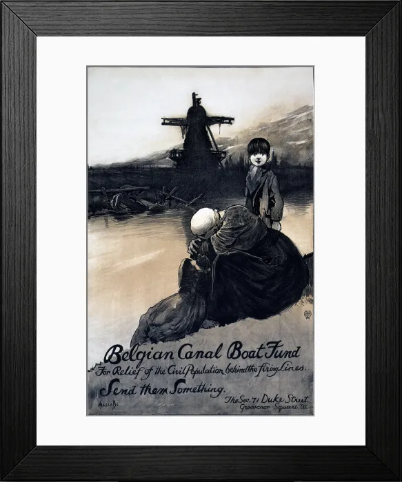 Framed Print : WORLD WAR I, Poster showing a mother consoling her children by a canal, with the wreckage of a boat and a windmill in the background Framed Print : WORLD WAR I, Poster showing a mother consoling her children by a canal, with the wreckage of a boat and a windmill in the background