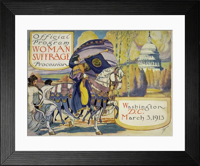 Framed Print : Cover of program for the National American Women's Suffrage Association procession, showing woman, in elaborate attire, with cape, blowing long horn