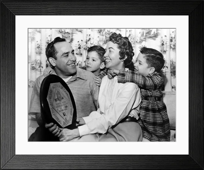 Framed Print : Yogi Berra, son Larry, wife Carmen and son Tim, 1955. Courtesy: CSU Archives / Everett Collection