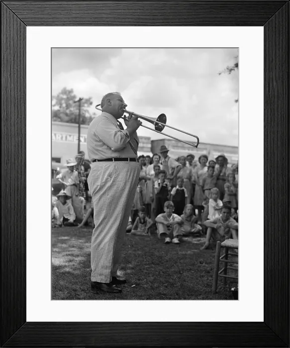 Framed Print : A Local band leader leads with An Old Southern Melody and everybody cheered, home guard passes through Enterprise, Coffee County, Alabama, photograph by John Collier