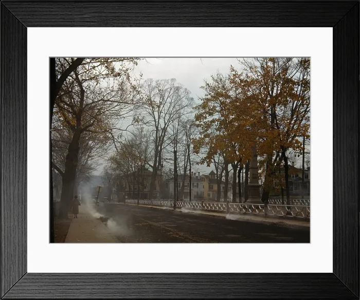 Framed Print : Burning the Autumn leaves in Norwich, Connecticut, photograph shows Broadway from the corner of Otis Street facing downtown, Memorial Park on right, Jack Delano, 1940