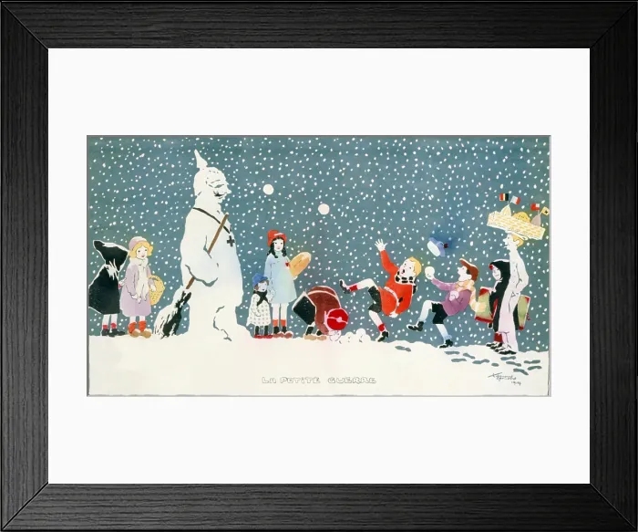 Framed Print : WORLD WAR I, The Little War, Children playing in the snow and throwing snowballs at a snowman resembling the Kaiser