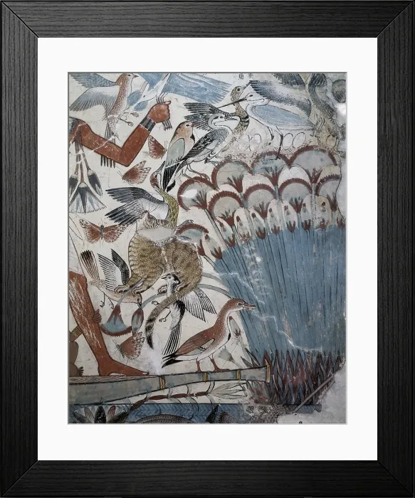 Framed Print : Fowling in the marshes. ca. 1400 BC. Painting of the Nebamun's tomb. Lower left detail with plants and animals of Nile river. Egyptian art. New Kingdom. Painting Framed Print : Fowling in the marshes. ca. 1400 BC. Painting of the Nebamun's tomb. Lower left detail with plants and animals of Nile river. Egyptian art. New Kingdom. Painting