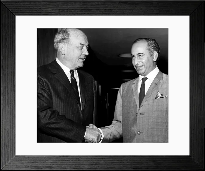 Framed Print : Secretary of State Dean Rusk welcomes Pakistani Foreign Minister Zulfikar Ali Bhutto to the U.N. headquarters in New York, 1965. Courtesy: CSU Archives / Everett Collection
