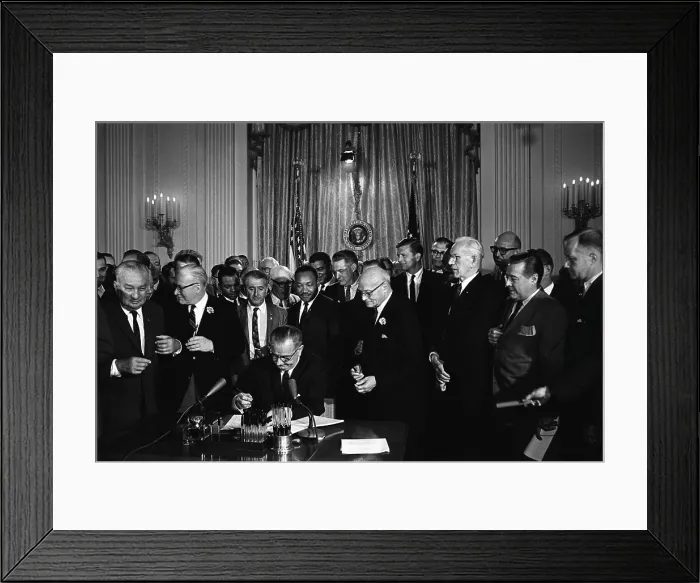 Framed Print : President Lyndon Johnson, watched by Martin Luther King, Jr. signing the Civil Rights Act, July 2, 1964