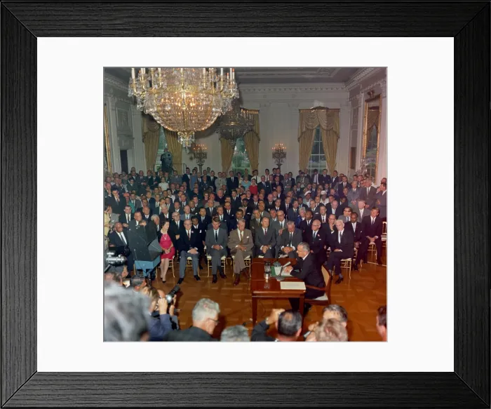 Framed Print : President Lyndon Johnson televised address following the signing of the Civil Rights Act. In the audience: Martin Luther King, Jr. Robert F. Kennedy and Lady Bird Johnson
