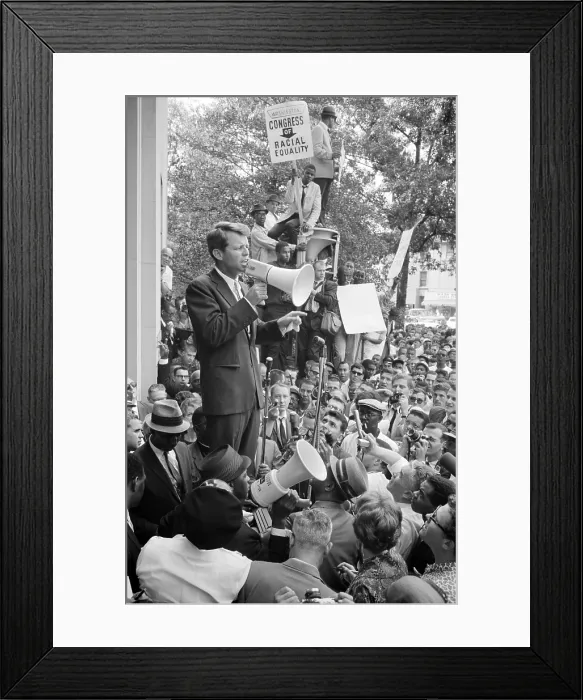 Framed Print : Negro demonstration in Washington D.C. Attorney General Robert F. Kennedy (with megaphone) speaking to a crowd outside the justice department, by Warren K. Leffler, June 14, 1963