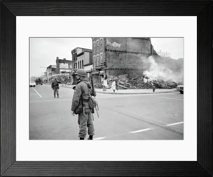 Framed Print : D.C. Riot, April 68. aftermath, soldier standing guard in a Washington D.C Framed Print : D.C. Riot, April 68. aftermath, soldier standing guard in a Washington D.C