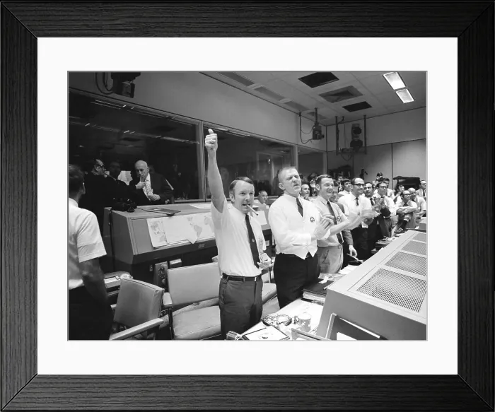 Framed Print : Apollo 13 Flight Directors applaud successful splashdown of Command Module Odyssey while Dr. Robert R. Gilruth, Director, Manned Spacecraft Center (MSC), and Dr Framed Print : Apollo 13 Flight Directors applaud successful splashdown of Command Module Odyssey while Dr. Robert R. Gilruth, Director, Manned Spacecraft Center (MSC), and Dr