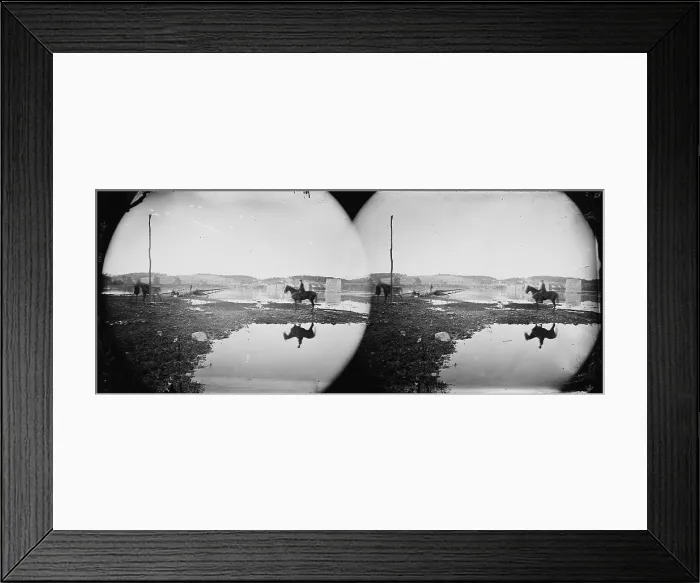 Framed Print : The Civil War, Berlin (now known as Brunswick), Maryland, Pontoon Bridge and ruins of the stone bridge across the Potomac (destroyed in 1861), from the Battle of Antietam Framed Print : The Civil War, Berlin (now known as Brunswick), Maryland, Pontoon Bridge and ruins of the stone bridge across the Potomac (destroyed in 1861), from the Battle of Antietam