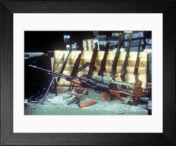 Framed Print : A Soviet-made 7.62mm PKM light machine gun and other weapons seized in Operation Urgent Fury during the invasion of Grenada. Oct 25, 1983 Framed Print : A Soviet-made 7.62mm PKM light machine gun and other weapons seized in Operation Urgent Fury during the invasion of Grenada. Oct 25, 1983