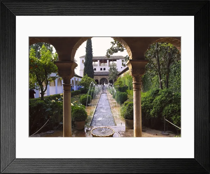 Framed Print : Generalife; Alhambra. SPAIN. ANDALUSIA. GRANADA. Granada. Generalife. Patio de la Acequia (The Court of the Main Canal) and one of the pavilions. Hispano-Moresque art Framed Print : Generalife; Alhambra. SPAIN. ANDALUSIA. GRANADA. Granada. Generalife. Patio de la Acequia (The Court of the Main Canal) and one of the pavilions. Hispano-Moresque art