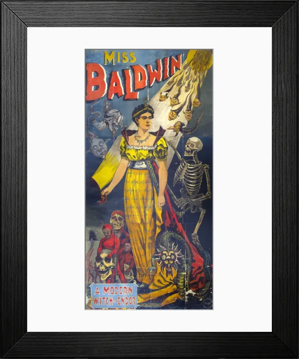 Framed Print : Poster for stage and magic show, for wife of Samri S. Baldwin, Miss Baldwin, A Modern Witch of Endor by Calhoun Print, Hartford, Connecticut, circa 1870