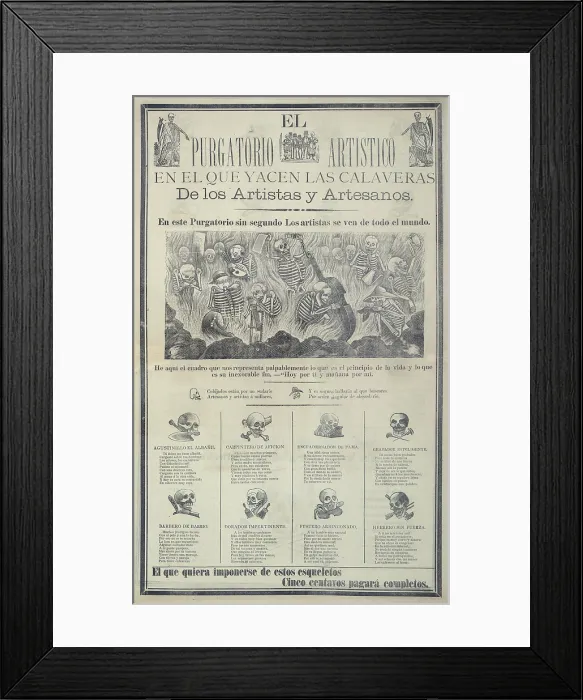Framed Print : Hell, depicted in a broadside showing artists and artisans holding objects related to their professions, original title: El Purgatorio artistico