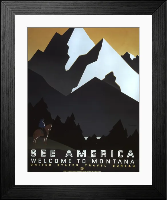 Framed Print : Poster for Montana, text reads: See America, Welcome to Montana, United States Travel Bureau, Works Progress Administration Federal Art Project, 1939