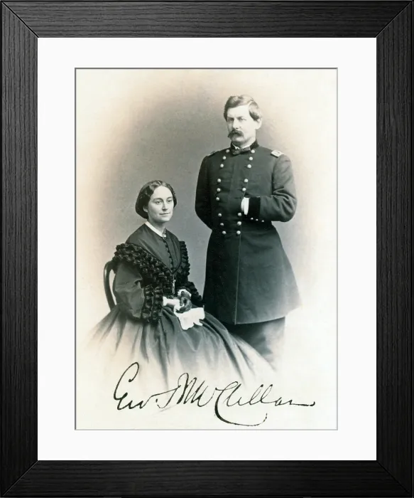 Framed Print : General George B. McClellan and his wife, Ellen Mary Marcy. Carte de visite signed by Gen. McClellan, 1862