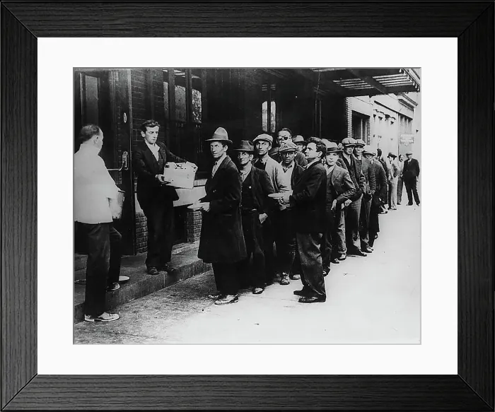 Framed Print : The Great Depression. Men line up for free bread and soup, 1932
