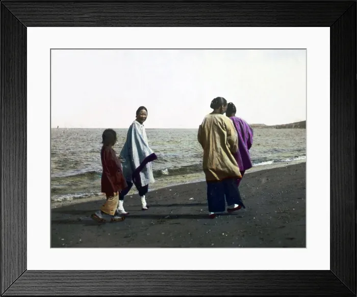 Framed Print : China, four women walking along the seashore, hand colored lantern slide, photograph by William Henry Jackson, 1895