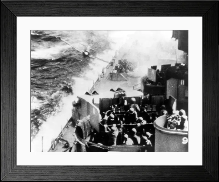 Framed Print : World War II: Suicide-bent, this pilot of a Japanese Zeke plane desperately tries to crash into the deck of U.S. Pacific Fleet warship Framed Print : World War II: Suicide-bent, this pilot of a Japanese Zeke plane desperately tries to crash into the deck of U.S. Pacific Fleet warship