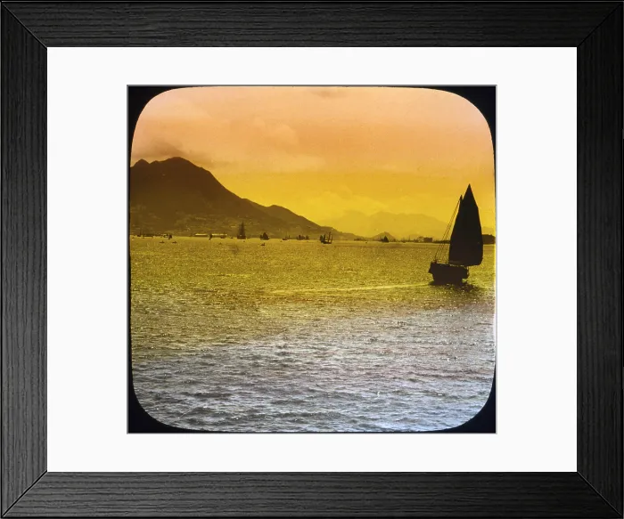 Framed Print : China, distant view from harbor approach, Hong Kong, hand colored lantern slide, photograph by William Henry Jackson, 1895 Framed Print : China, distant view from harbor approach, Hong Kong, hand colored lantern slide, photograph by William Henry Jackson, 1895