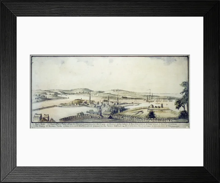 Framed Print : The American Revolution, View from Beacon Hill, view from a British redoubt, with cannon and soldier in the foreground on Beacon Hill, circa late 1770s